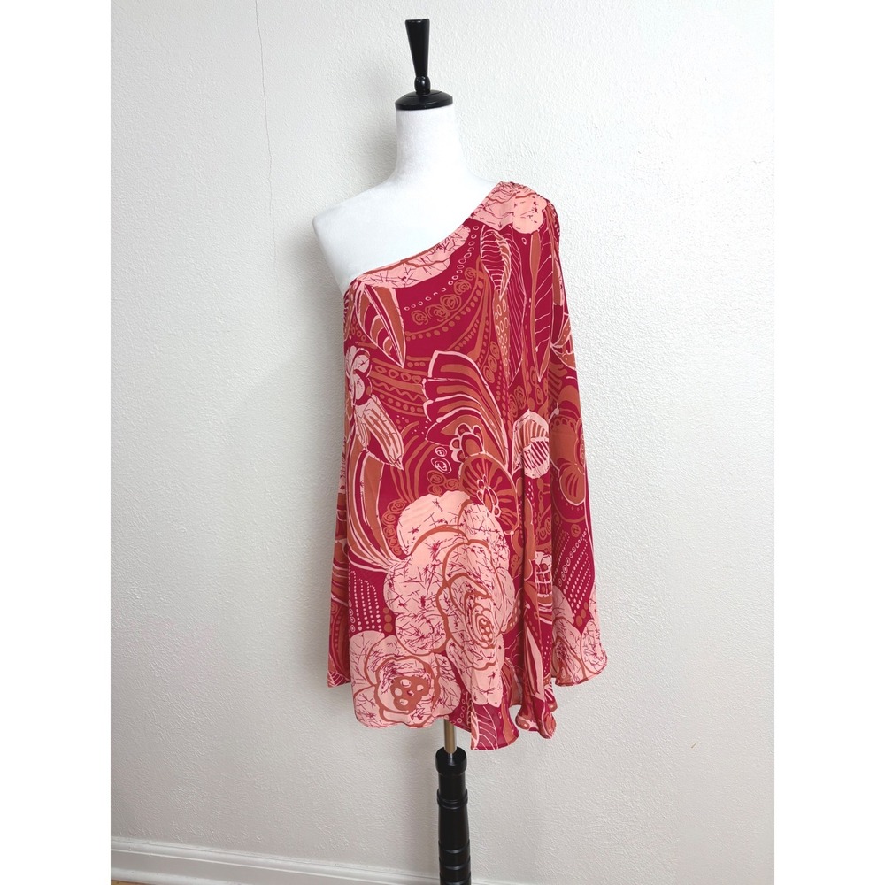 NEW Flora Bea NYC Flowy Red Floral One Shoulder Mini Dress Size Small Party Chic